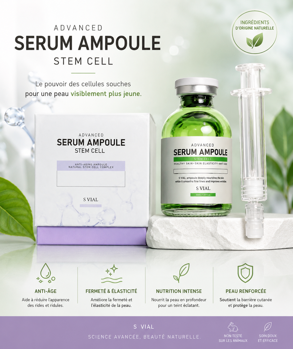 Sérum ampoule anti-âge aux cellules souches et actifs naturels pour la régénération de la peau, collection soins du visage.