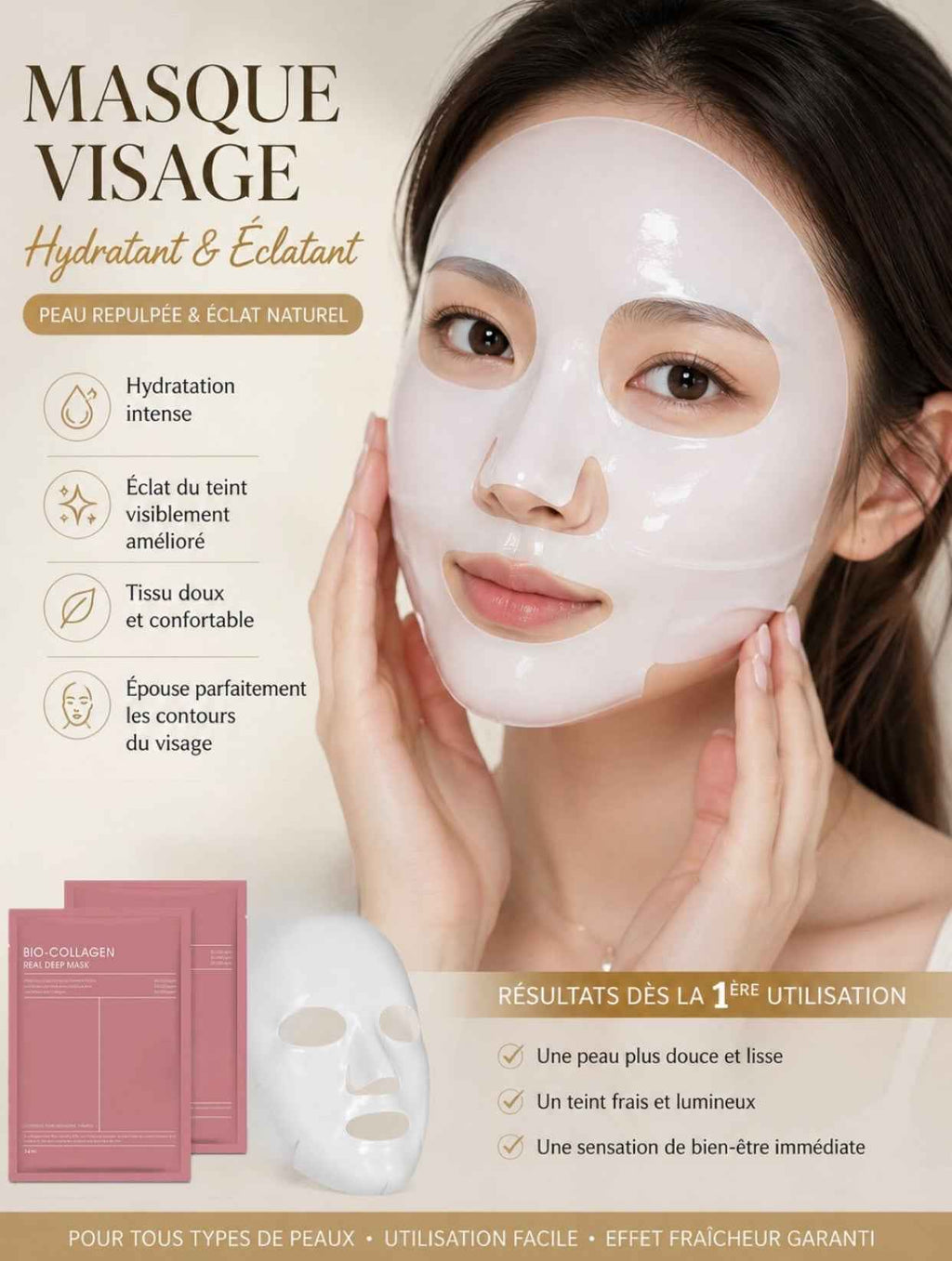 Masques Bio-Collagène "Glass Skin" – Hydratation Profonde (Pack de 10)