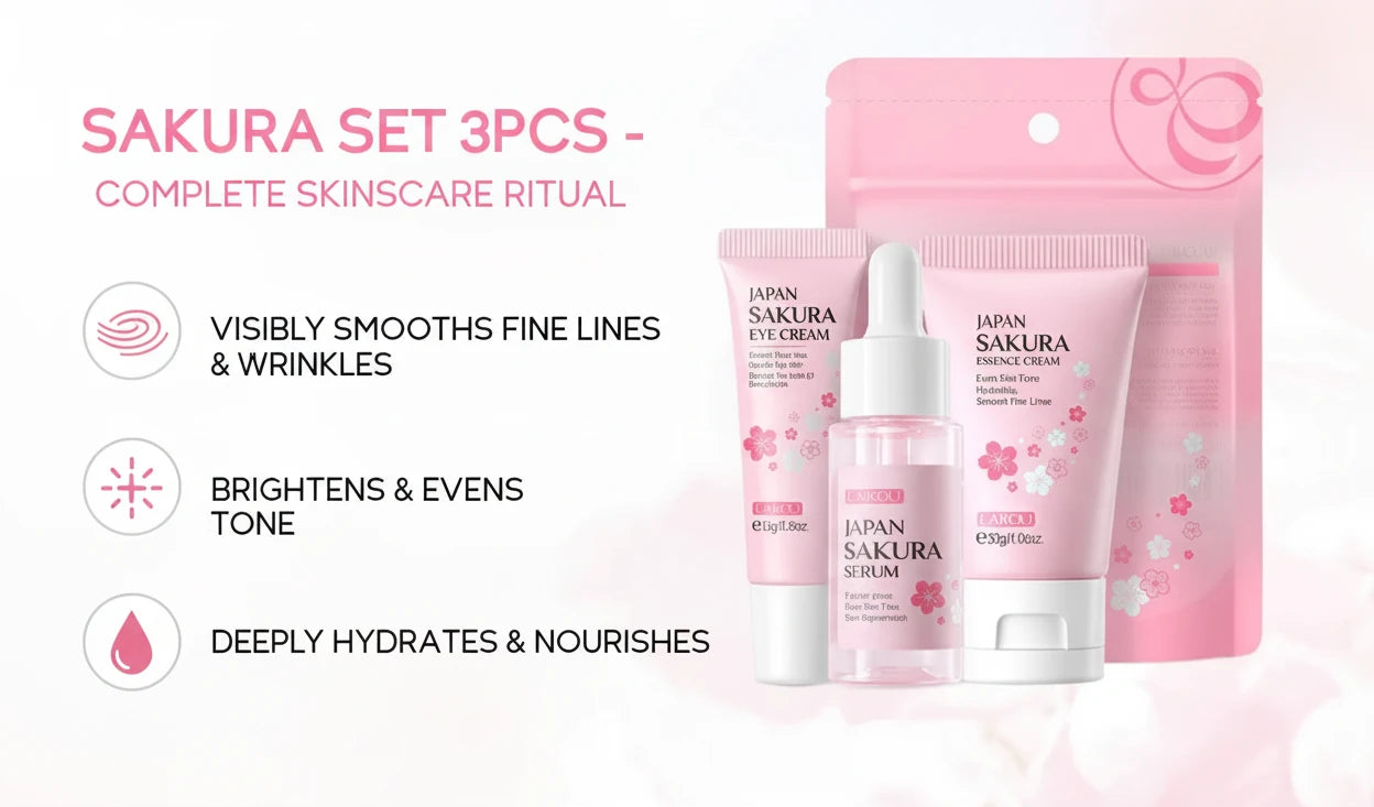 Japan Kit Coffret cadeau￼ Sakura Skin Care Sets Face Cream Face Essence Eye Serum Face 3pcs