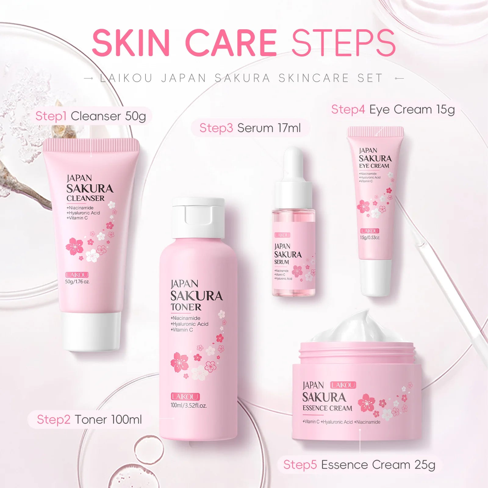 Sakura Skin Care Kit Coffret Beauty Rituel Sakura "Tout-en-Un LAIKOU 5pcs