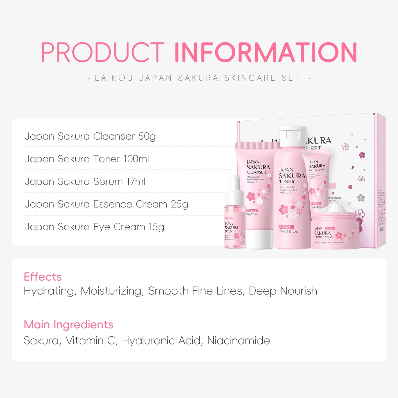 Sakura Skin Care Kit Coffret Beauty Rituel Sakura "Tout-en-Un LAIKOU 5pcs