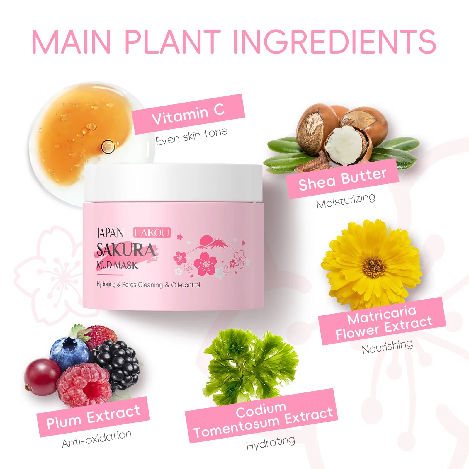 Masque à la Boue Sakura & Kaolin ,Extrait d'algue Clay 
Deep Cleansing Skin Care LAIKOU 25g/90g